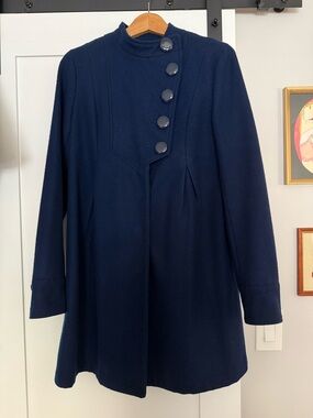 Navy Button-Front A Line Wool Coat